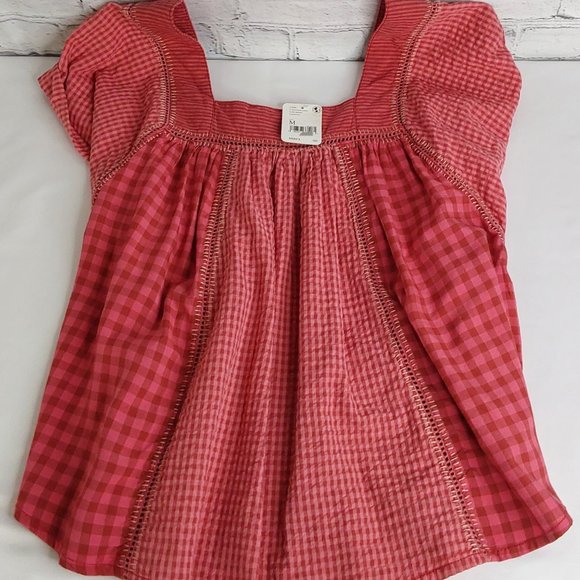 'FREE PEOPLE' 'BEĹĹA' EMBROIDED SQUARE-NECK PEASANT TOP FLUTTER-SLEEVE GINGHAM - Picture 11 of 16